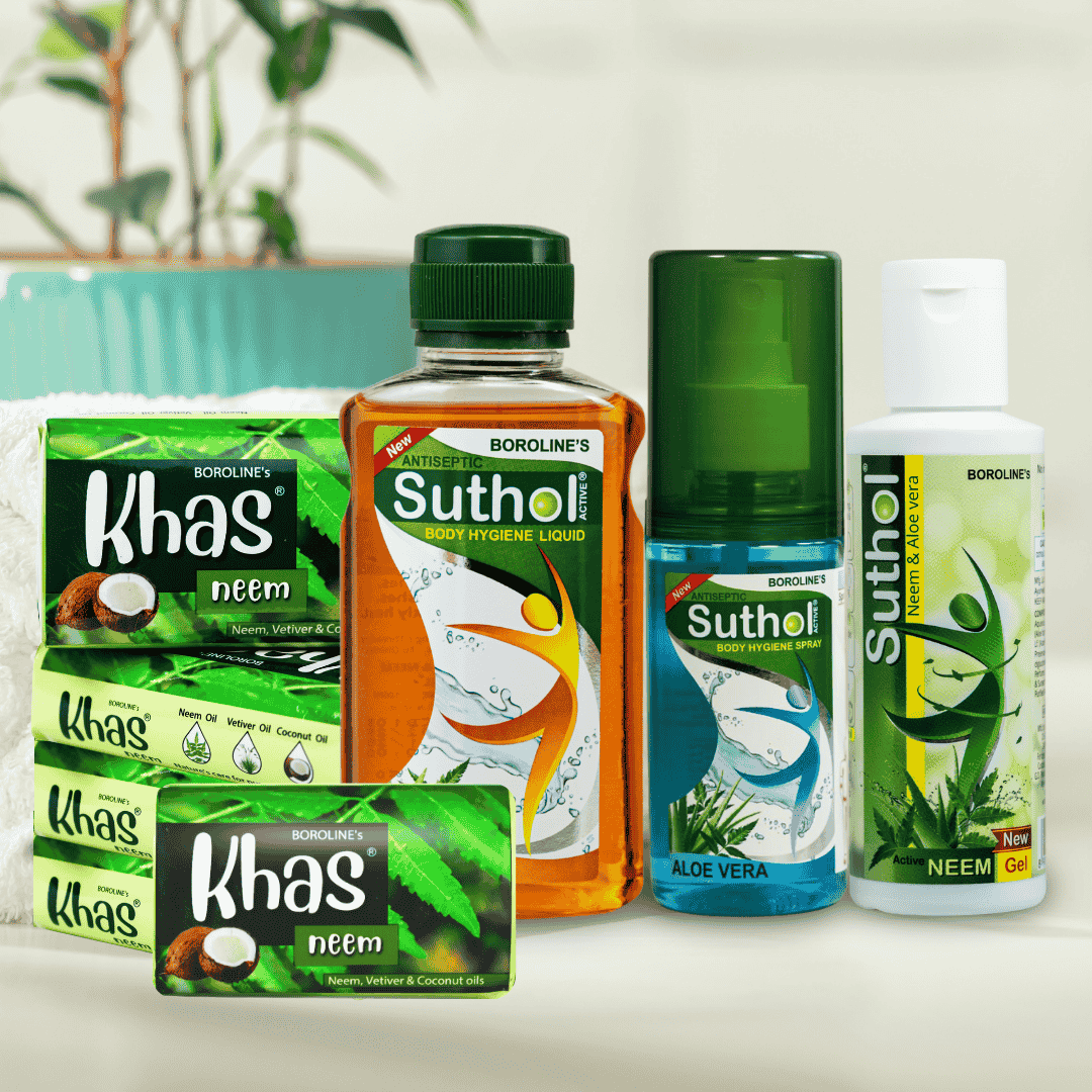 Classic Summer Care combo - Khas Neem Soap (Pack of 5) |  Suthol Liquid (200ml) | Suthol Spray (100ml) | Suthol Neem Gel (100ml)