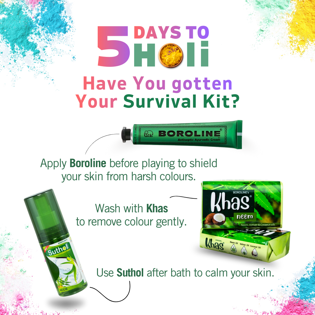 Holi Survival Kit | Boroline 19gm, Suthol Spray 100ml and Khas Neem Soap