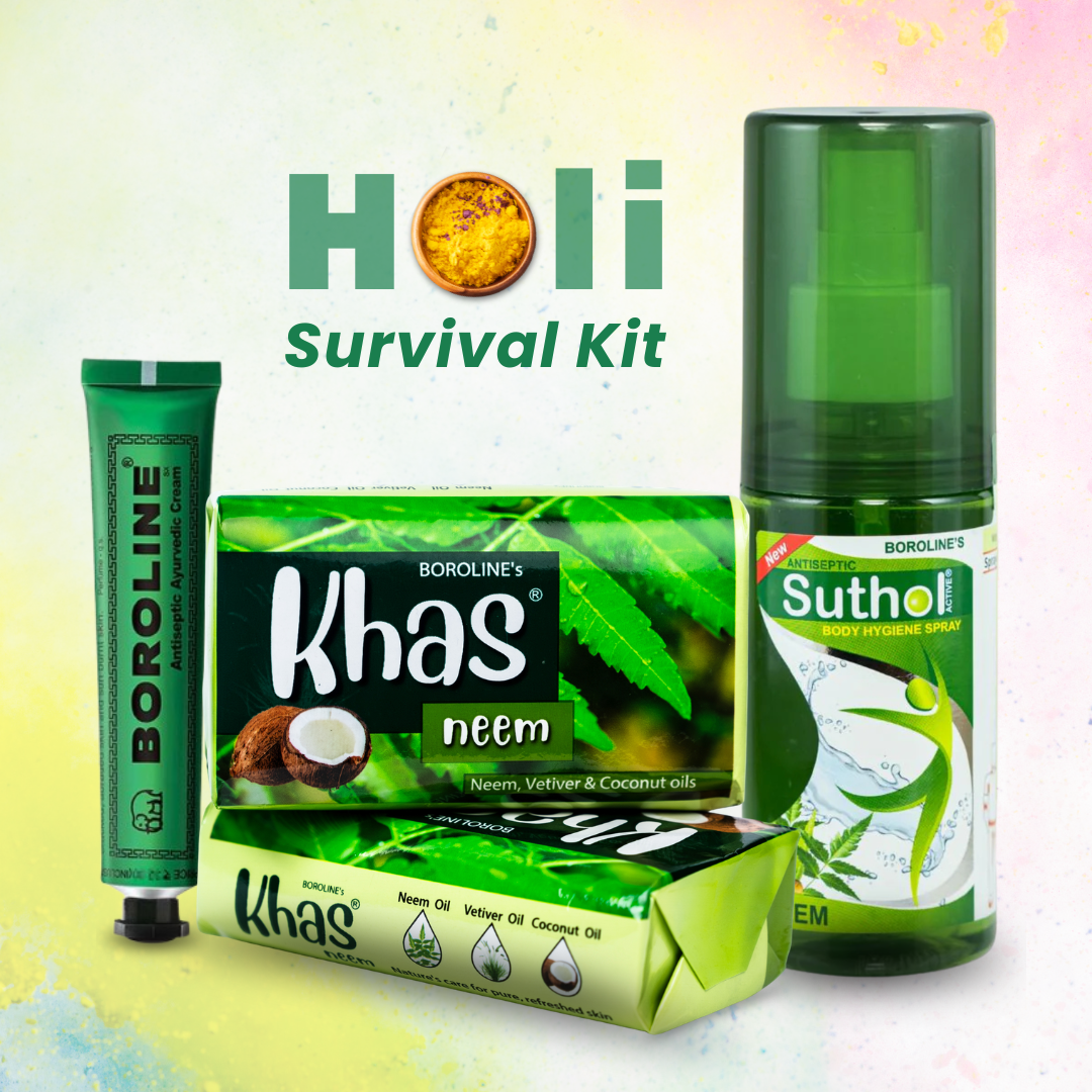 Holi Survival Kit | Boroline 19gm, Suthol Spray 100ml and Khas Neem Soap
